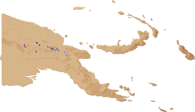 Outline map of Papua New Guinea with the programme's community sites clustered in the central Highlands.
